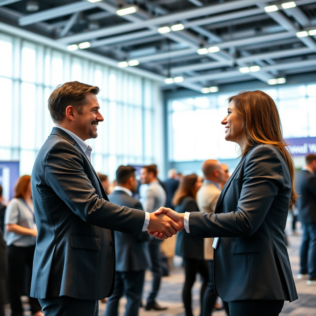 Profesyonel networking etkinliğinde iş insanları el sıkışıyor, arka planda modern konferans salonu ve networking alanı görünüyor