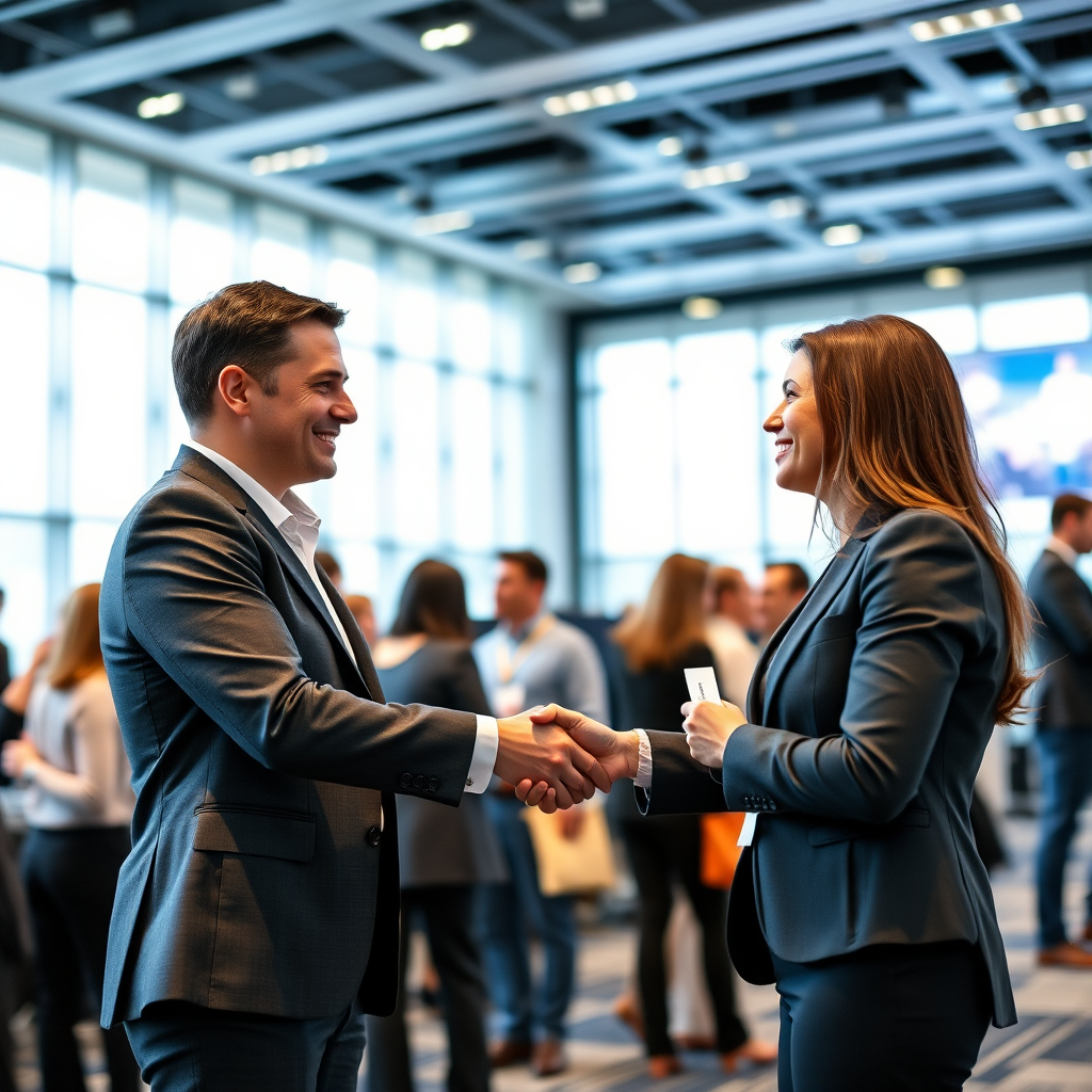 Profesyonel networking etkinliğinde iş insanları el sıkışıyor ve kartvizit alışverişi yapıyor, modern konferans salonu ortamında