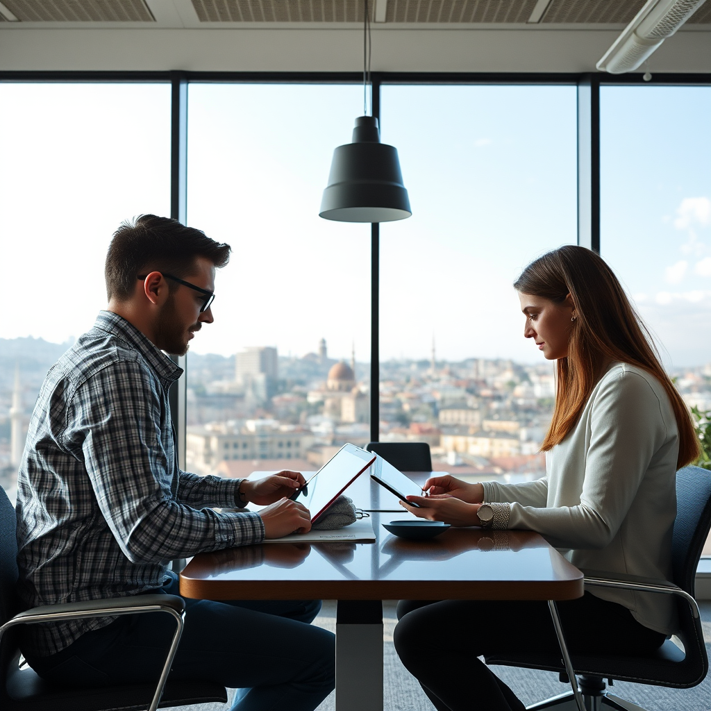 Modern ofis ortamında çalışan genç girişimciler, laptop ve tablet kullanarak iş planları üzerinde çalışıyor, arka planda İstanbul silueti görünüyor