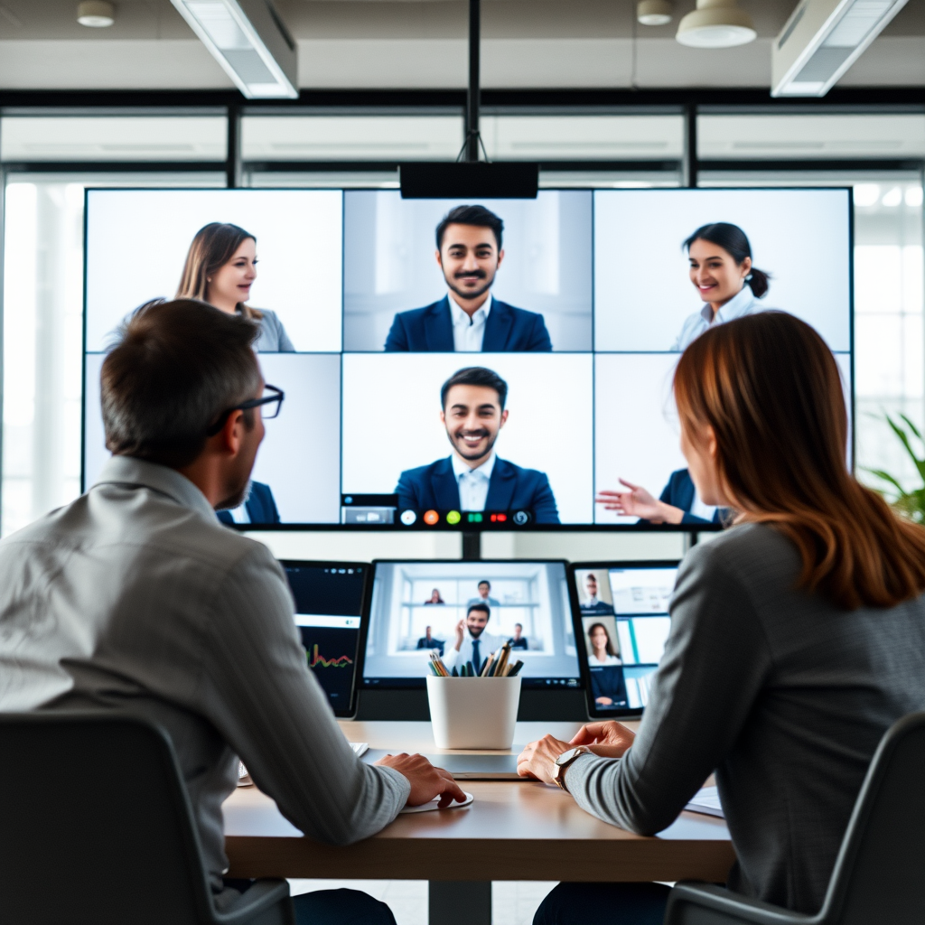 Farklı lokasyonlardan video konferans ile bağlanan iş ekibi üyeleri, dijital işbirliği araçları kullanan profesyoneller