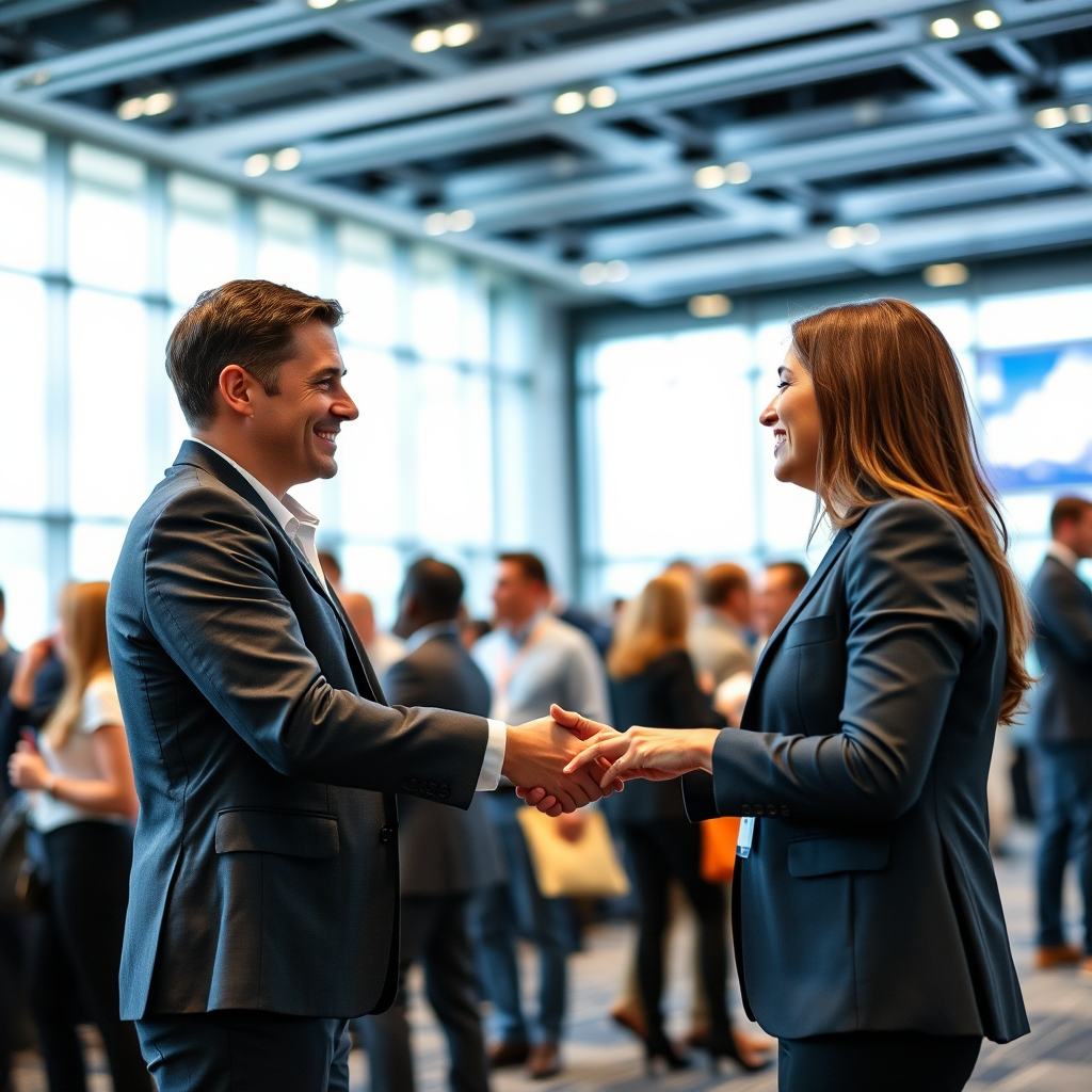 Profesyonel networking etkinliğinde iş insanları el sıkışıyor, modern konferans salonu ortamında kartvizit alışverişi yapan kişiler