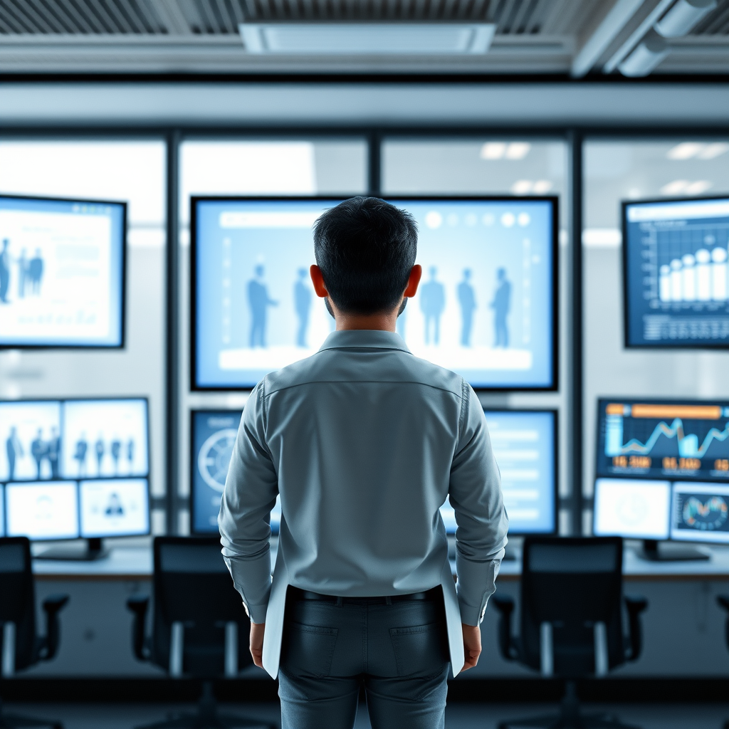 Modern ofiste dijital ekranlar önünde duran lider figürü, arka planda teknoloji sembolleri ve ekip çalışması gösteren görsel