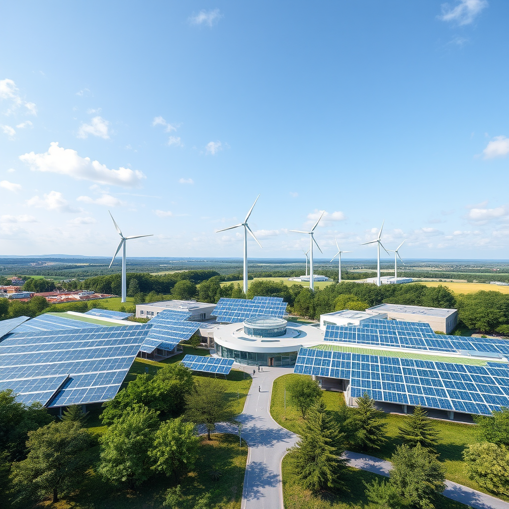 Güneş panelleri ve rüzgar türbinleri ile donatılmış modern bir teknoloji kampüsü, yeşil teknoloji ve sürdürülebilir inovasyon konseptini temsil ediyor