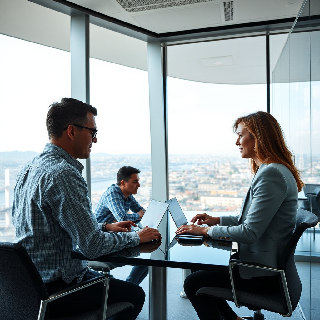 Türk iş liderlerinin dijital teknolojilerle çalışırken görüldüğü modern ofis ortamı, İstanbul manzaralı cam binada toplantı yapan profesyoneller