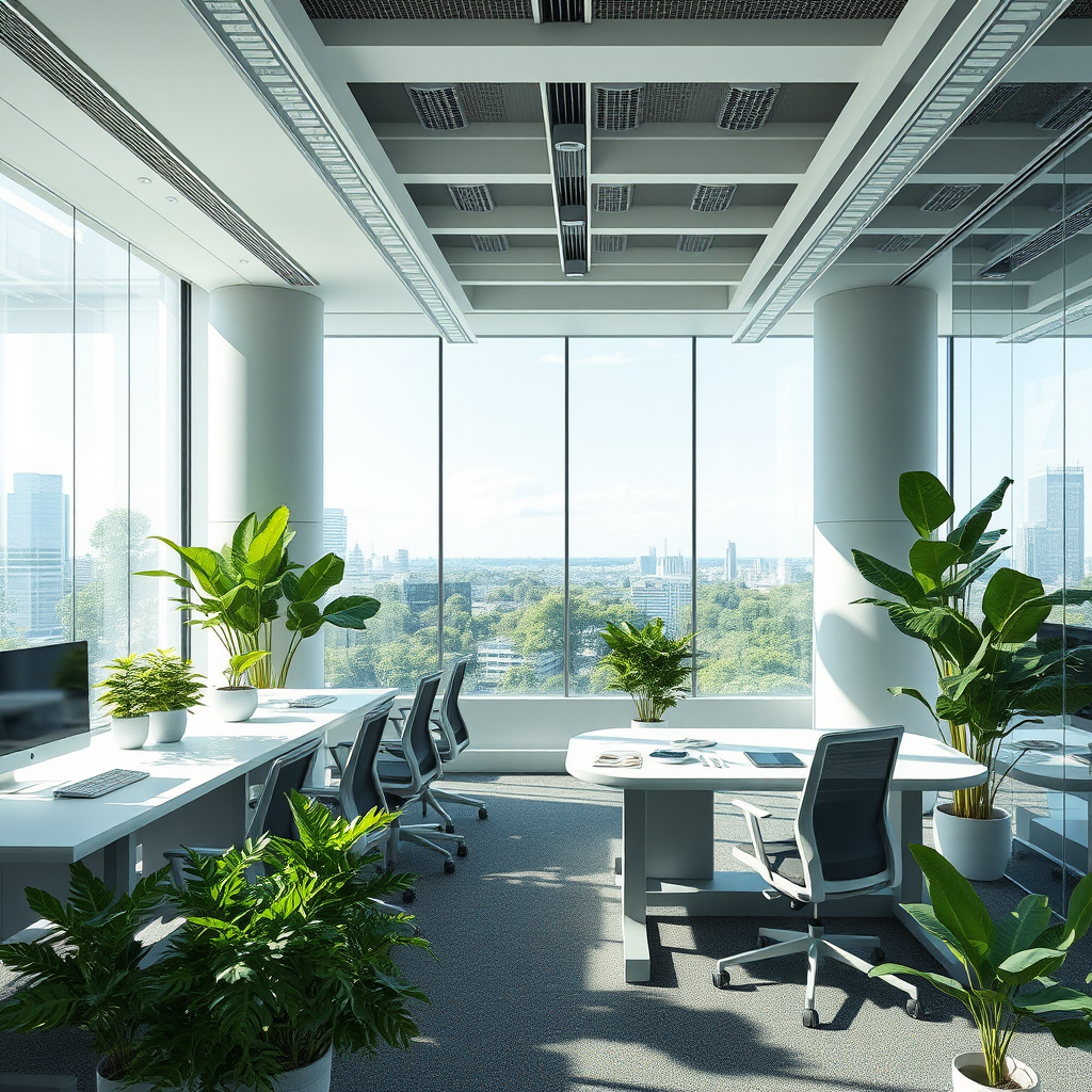Futuristik ofis ortamında sürdürülebilir teknolojiler ve yeşil inovasyon örnekleri