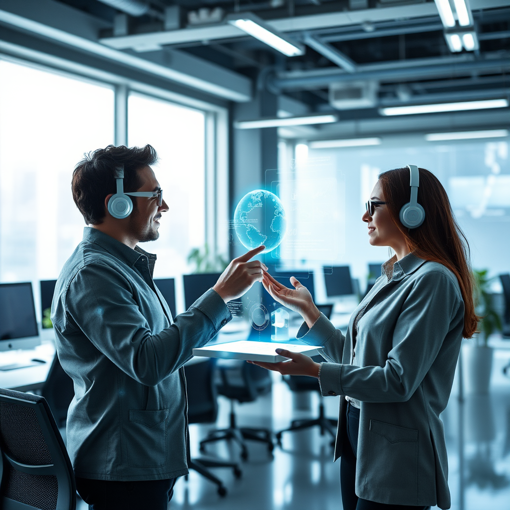 Futuristik ofis ortamında hologram teknolojisi kullanan girişimciler, gelecekteki iş dünyasını temsil eden yenilikçi teknoloji konsepti